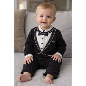Stephan Baby Tuxedo Romper 6 To 12 Months Black White formal 1 Piece Snap Crotch